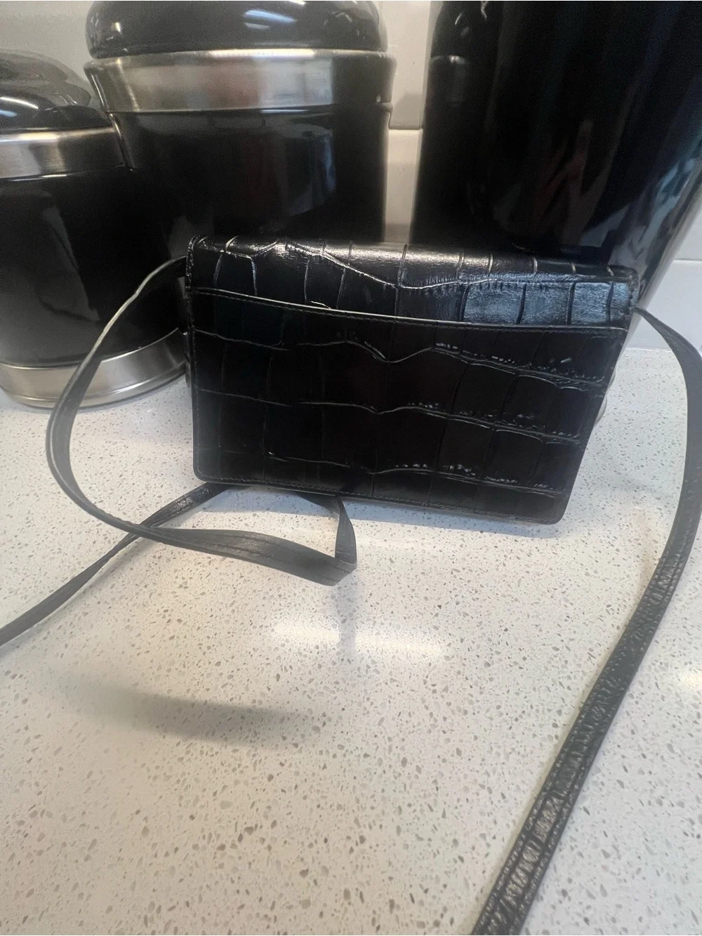 Coach Black Croc-Embossed Leather Crossbody Envelope Wallet w/ Removable Strap